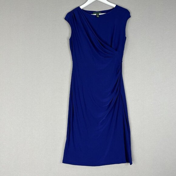 Lauren Ralph Lauren Womens Dress 8 Blue Mock Wrap Gathered Jersey Work Cocktail - Picture 1 of 11